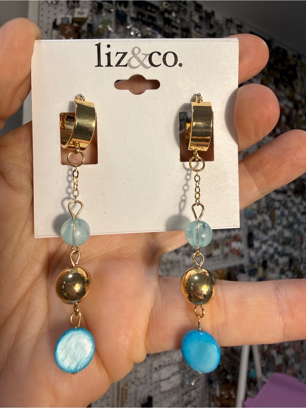 liz & co. Gold Drop Earrings with Light Aqua and Bright Turquoise Discs